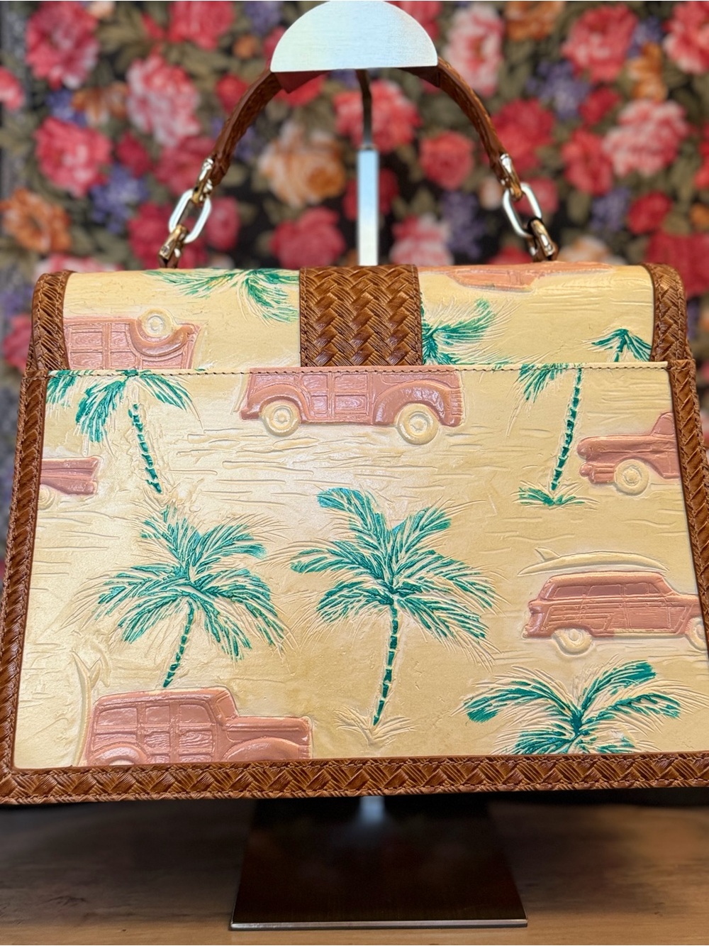 Brahmin Hallie Honey Brown Copa Cabana Palm-Print Top-Handle Sachel - Picture 2 of 5